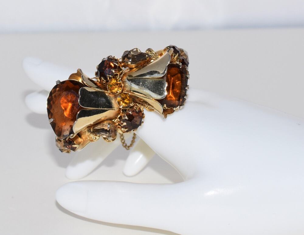 Vintage Juliana, Caviness, Carnegie Topaz Amber Rhinestone Clamper Bracelet